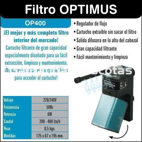 Filtro interior Optimus OP400. Interior. Caudal 200-400Lts/h 125x67x195mm. - Imagen 2