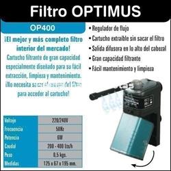 Filtro interior Optimus OP400. Interior. Caudal 200-400Lts/h 125x67x195mm. - Imagen 2