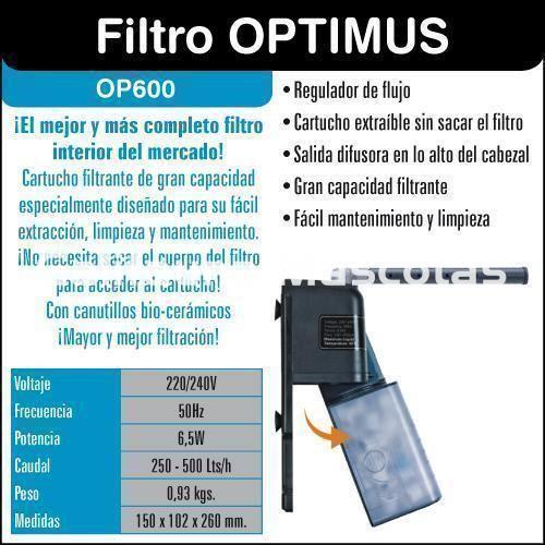 Filtro interior Optimus OP600 Caudal 250-500Lts/h 150x102x260mm. - Imagen 2