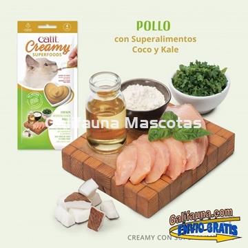 Pack de 48 Snacks CATIT CREAMY con SUPEALIMENTOS.  SNACK CREMOSO de  Pollo con Coco y Kale. - Imagen 1