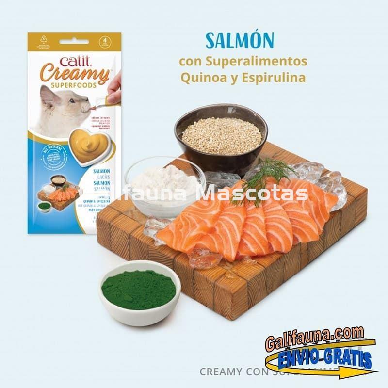 Pack de 48 Snacks CATIT CREAMY con SUPEALIMENTOS. SNACK CREMOSO de Salmón con Quinoa y Espirulina. - Imagen 1